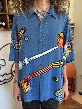 Vintage 90s Mambo Loud Cosmic Playground S/S Rayon Button Down ~ Size XL